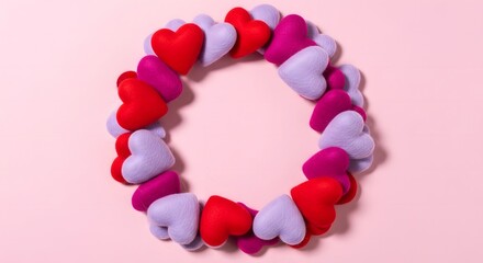Fototapeta premium Festive Valentine's Day wreath crafted from red, pink, and purple felt hearts on a soft pink background with central copy space. High-angle flat lay for romantic greeting cards and messages.