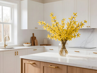 Modern kitchen interior with yellow flower arrangement