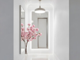 Modern hallway with illuminated ceiling and floral decoration