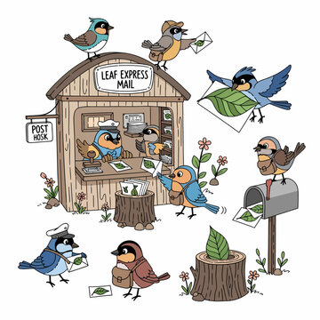 Cartoon birds operating a 'Leaf Express Mail' post office, delivering and sending leaf-shaped mail.