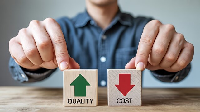 Quality Up, Cost Down: Business Strategy Concept with Wooden Blocks