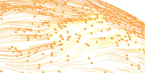 Artistic abstract illustration featuring a dynamic arrangement of orange particles and curved...