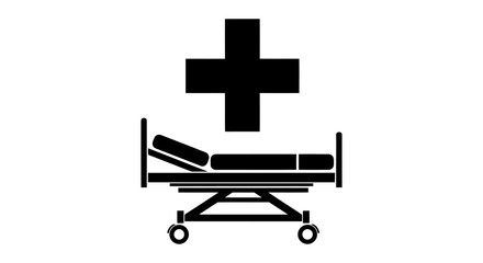 Fototapeta premium Simple black icon of a hospital bed with a red cross symbol above, representing healthcare and medical services.