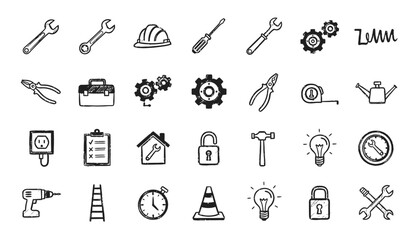 Hand Drawn Construction Engineering and Tool Doodle Icon Vector Set