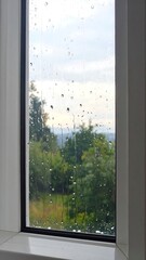Fototapeta premium A window with raindrops overlooking trees and a cloudy sky