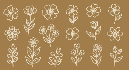 Hand Drawn Floral Doodles and Botanical Flower Vector Icon Set