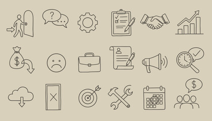 Hand Drawn Business Management and HR Doodle Icon Vector Set
