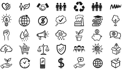 Hand Drawn ESG Sustainability and Social Responsibility Icon Vector Set