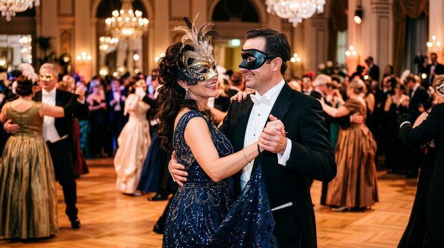 Para w tańcu na balu maskowym.	
