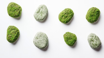 Fototapeta premium Natural Decorative Stones with Green Moss Textures on White Background for Eco-Friendly Interior Design and Landscaping Projects