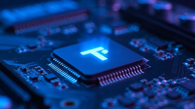 Close up of computer chip with glowing details and modern design