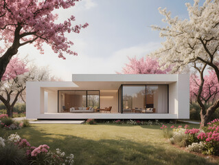 Modern minimalist house amidst blossoming cherry trees
