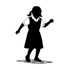 A black silhouette of a young girl in a school uniform playing hopscotch, captured in a dynamic pose.