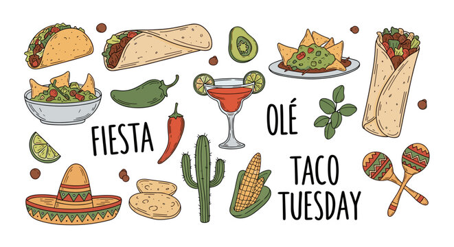 Vibrant Hand-Drawn Fiesta Theme Elements with Festive Food and Decorations