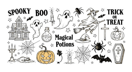 Naklejka premium Fun Halloween Doodle Pattern with Spooky Elements and Festive Text