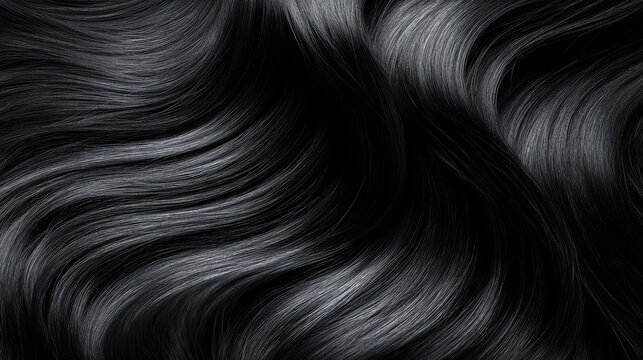 Glossy Black Hair Texture with Flowing Waves Displaying Natural Shine and Smoothness Ideal for Beauty and Fashion Concepts in Artistic Projects