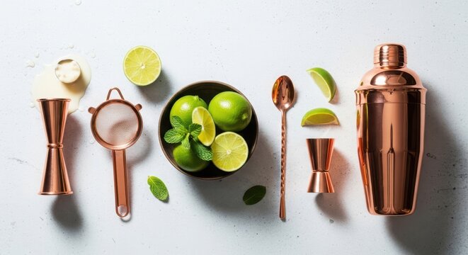 Cocktail making ingredients and tools arranged on a gray surface including copper jigger strainer muddler and shaker with limes and mint leaves for a refreshing drink