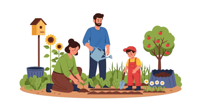 Family Gardening: Parents and Son Planting and Watering an Organic Vegetable Garden, Nurturing Nature, Healthy Living & Sustainable Growth.