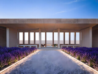 Modern pavilion with lavender garden and open architecture