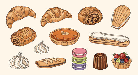 Assorted Baked Goods and Pastries Collection: Hand-Drawn Sweet Treats Illustration Set