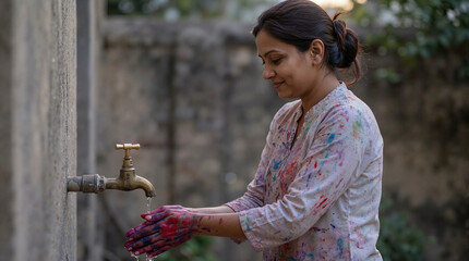 Woman washing hands at outdoor faucet with colorful paint-stained hands. Washing with colorful patterns and textures after artistic activity, showcasing joy and creativity.