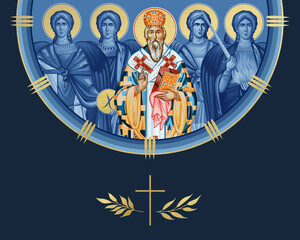 Naklejka premium Basil of Ostrog and four cardinal points (Archangel Gabriel, Uriel, Raphael and Michael). Illustration in Byzantine style isolated