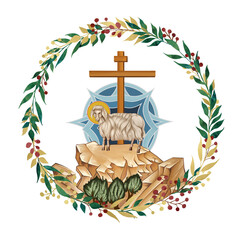 Naklejka premium Behold the Lamb of God who takes away the sin of the world. Agnus Dei. Decorative vintage floral wreath, illustration in Byzantine style isolated