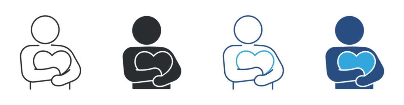 Self love icon set, person hugging heart symbol line and solid vector illustration