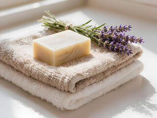 Natural lavender soap on towel with lavender sprig