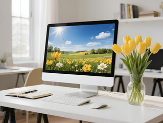 Modern workspace with computer displaying scenic landscape