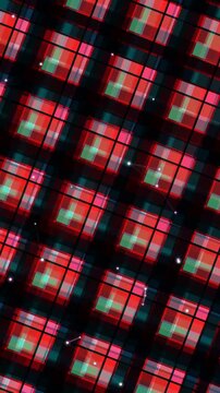 Abstract plaid pattern with glowing particles and glitch effect