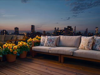 Outdoor balcony with cushioned sofa and city skyline at dusk