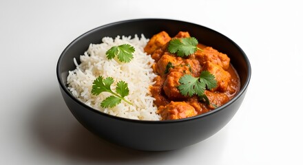 Delicious bowl of chicken tikka masala with basmati rice and fresh cilantro