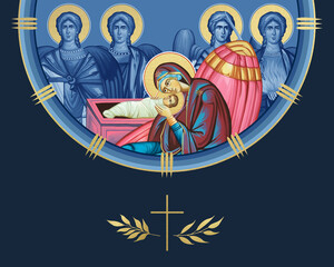 Naklejka premium Nativity of Jesus Christ and four cardinal points (Archangel Gabriel, Uriel, Raphael and Michael). Illustration in Byzantine style isolated