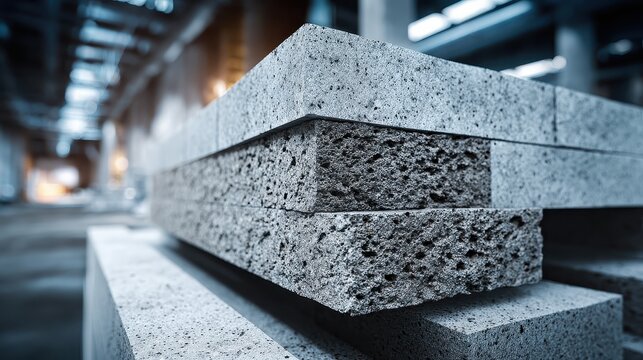 Close-up of stacked porous grey concrete blocks with rough texture. Perfect for construction, insulation, raw materials, or industrial themes.