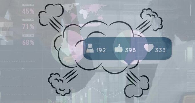 Animation of data processing over media icons and diverse business people