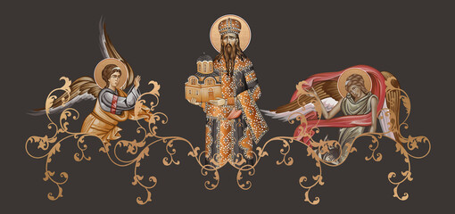 Naklejka premium Saint Stefan Milutin. Decorative vintage border with angels, illustration in Byzantine style