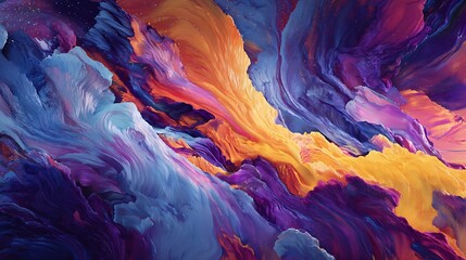 A rich mix of orange, purple, and blue colors flowing into each other with dynamic twists and turns