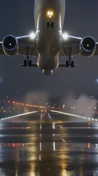 Airplane landing on wet runway at night with city lights in background, preparing for touchdown