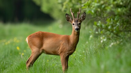 Young roe deer standing in a grassy field with green foliage in the background wildlife nature