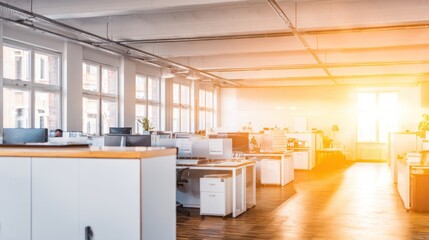 Fototapeta premium Modern office interior with desks and windows in bright sunlight
