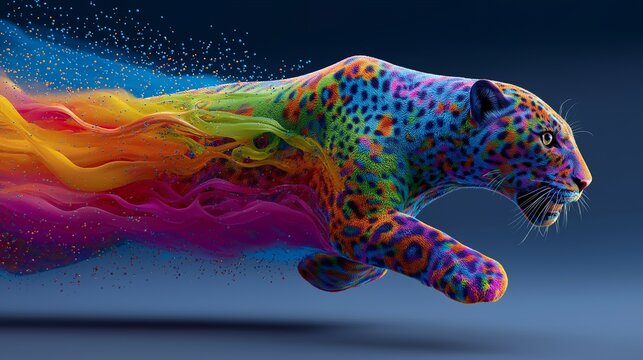 K&uuml;nstlerische Illustration eines Gepard mit lebendigen Regenbogenfarben und abstrakten Farbverl&auml;ufen. Modernes, kreatives Kunstwerk mit Wild- und Kunstkonzepten