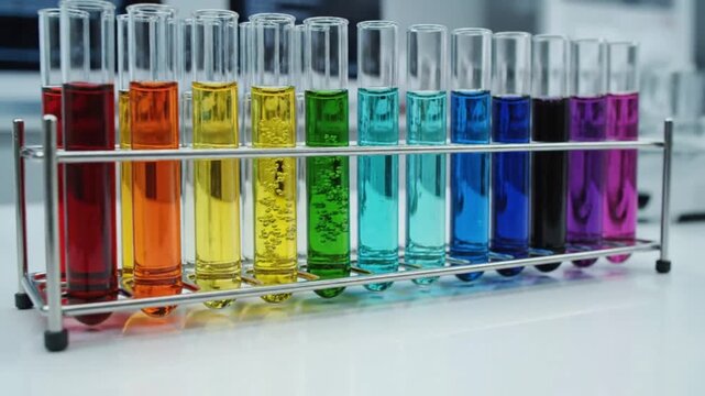 Colorful Test Tubes in Rack Rainbow Science Experiments, Chemistry Lab Liquids