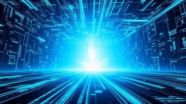 Futuristic digital tunnel with glowing lines