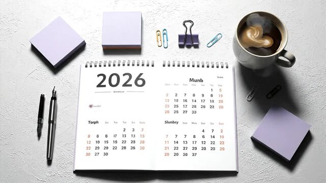 Calendar 2026 with Office Supplies and Coffee.