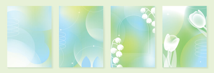 Fototapeta na wymiar Spring and summer pastel floral vector background set with soft gradients, fresh greenery, and delicate flowers. Gentle fresh design for poster, invitation, web banner, packaging, and stationery.