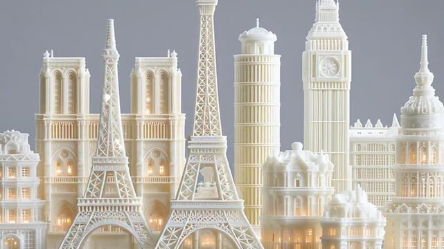 White model city skyline with famous landmarks.