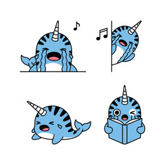 Crying cartoon narwhal with different emotions and activities in a simple design style © SafwanStock