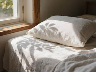 Sunlit pillow and bed in bright room with leaf shadows