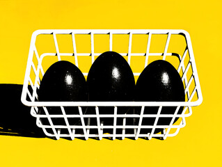 Three black eggs in white basket with vibrant yellow background